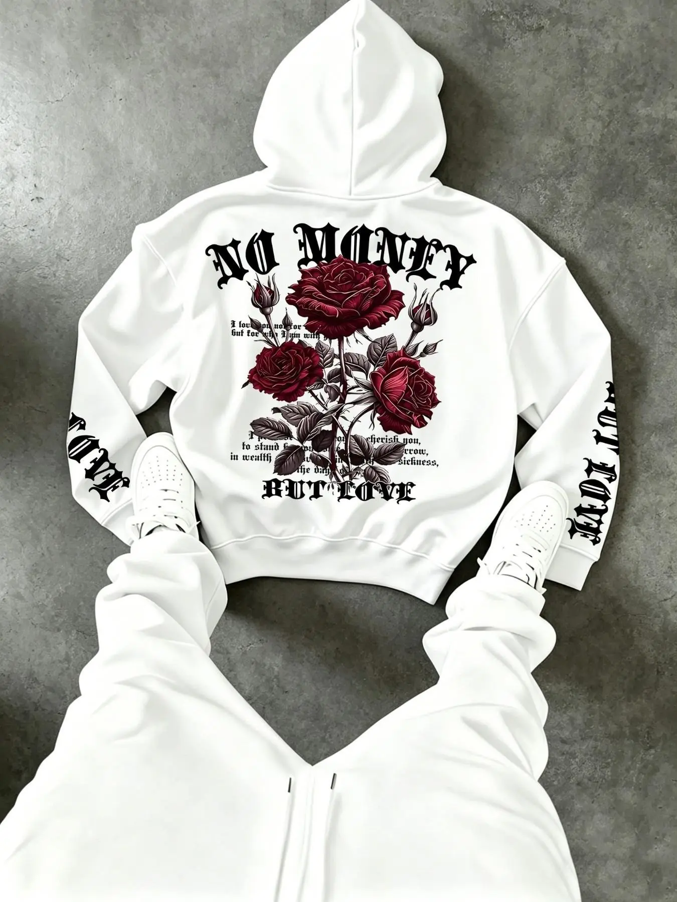High Street Trendy Men's Hoodie, Drop Shoulder Design, Rose Flower Love Pattern, Loose-Fit, All Seasons, Street Style, Fall Winter Essential