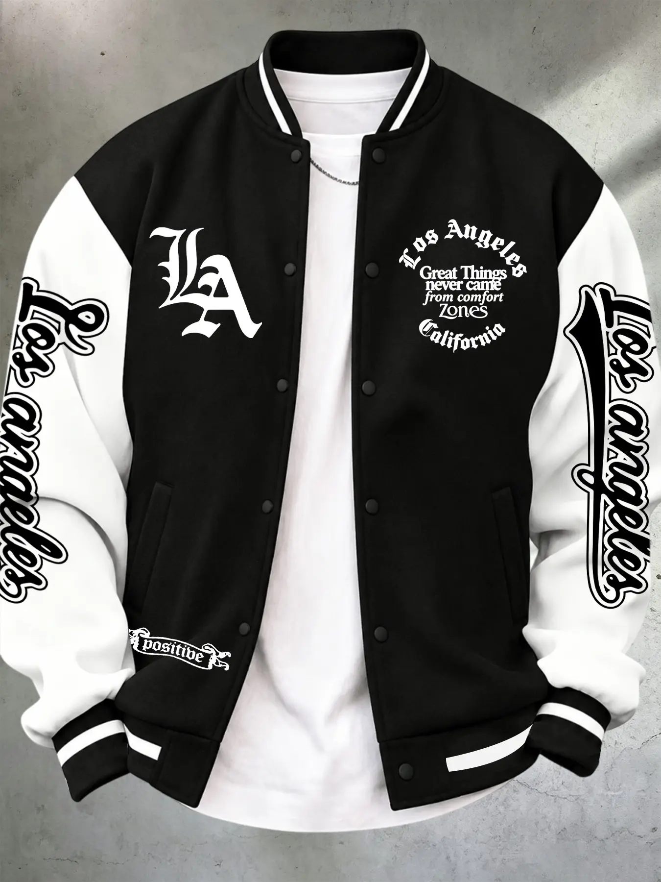 Men's Los Angeles Theme Baseball Jacket, Gothic Script Print, Thick Fabric, Casual Fitted Style, All Seasons, Streetwear Essential