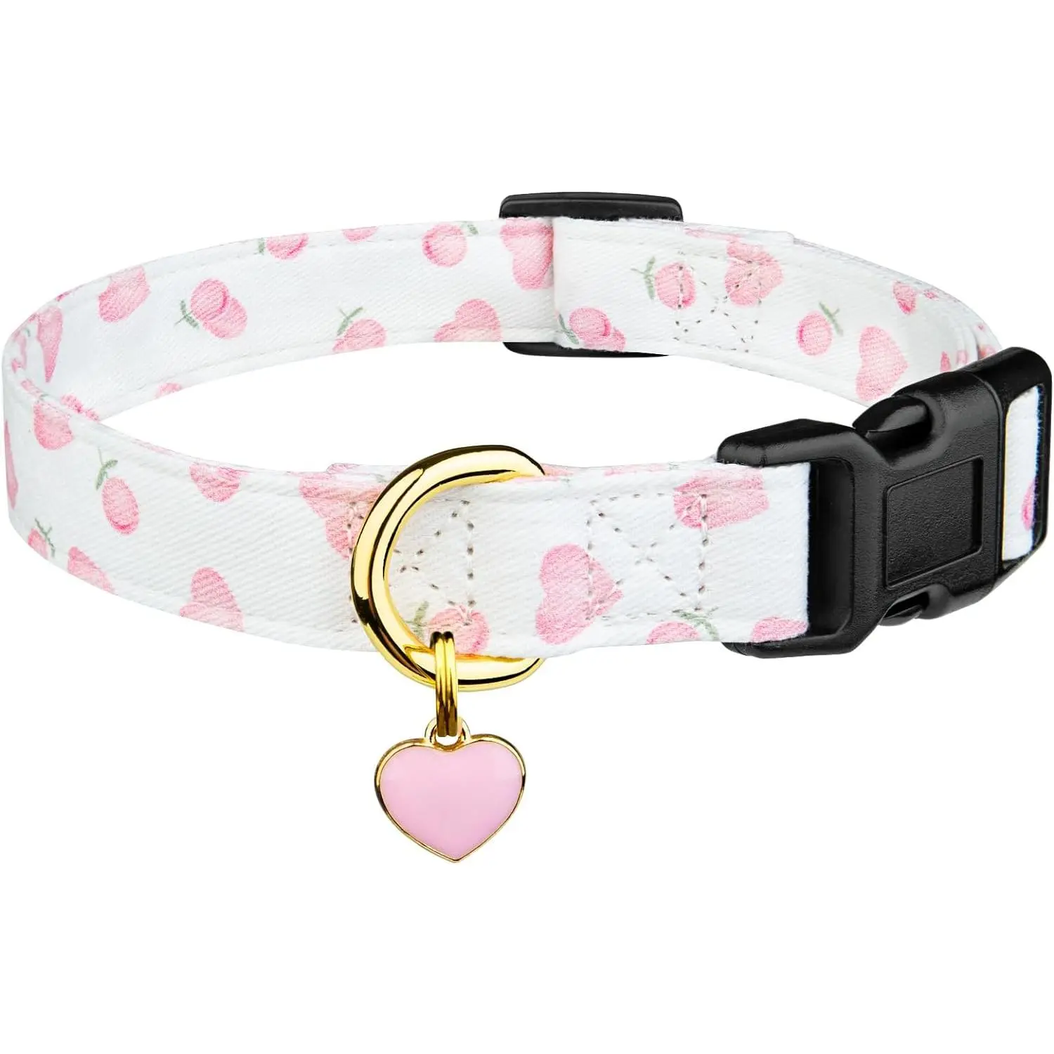 Handmade Double Cotton Soft Fabric Dog Collar - Breathable, Love Hearts Pattern, White & Pink with Pendant, Easy Adjustment, Multi-Size (Small-Med-Large) for Daily Wear & Outdoor Play Dogs
