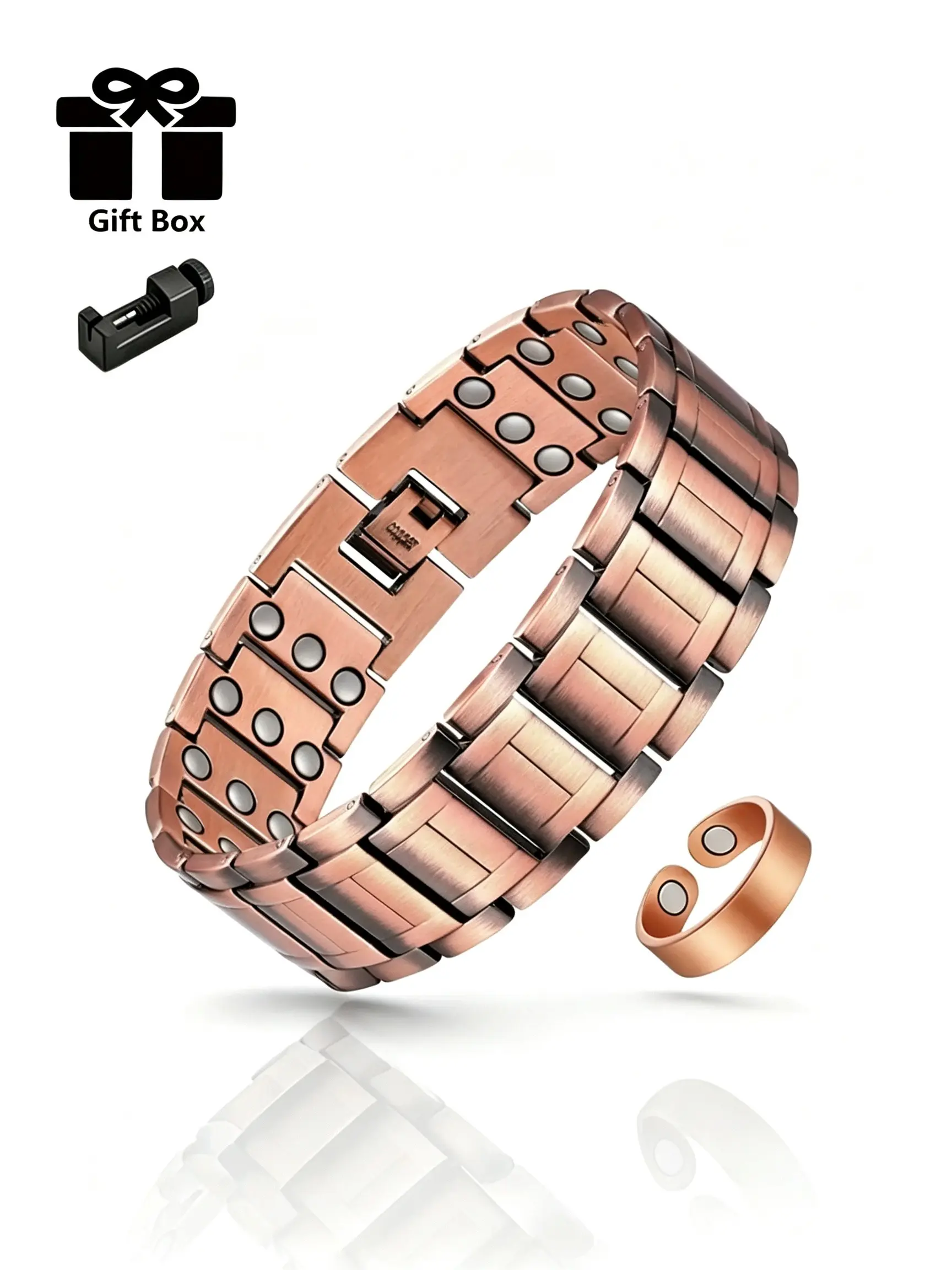 Men's Trendy Minimalist Copper Magnetic Cuban Chain Bracelet Set with Ring, Simple Style Solid Color Metal Band, Modern Birthday Gift