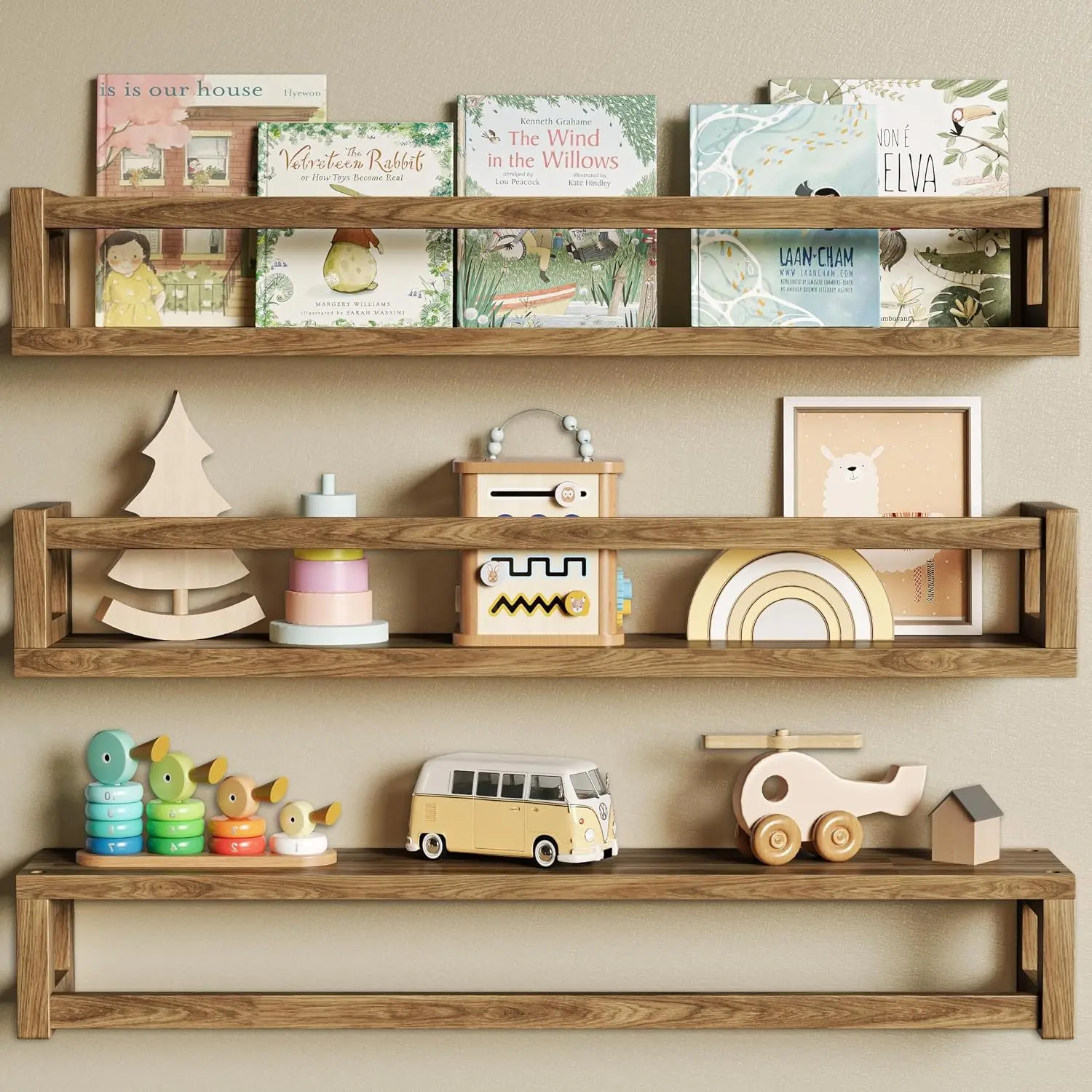 Upgraded Thick Floating Shelves, 24 Inch Solid Wood Bookshelf for Wall, Floating Book Shelves Use as Wall Shelves for Bedroom, Living Room, Kitchen, Books, Spice Rack & Decor - Walnut Brown