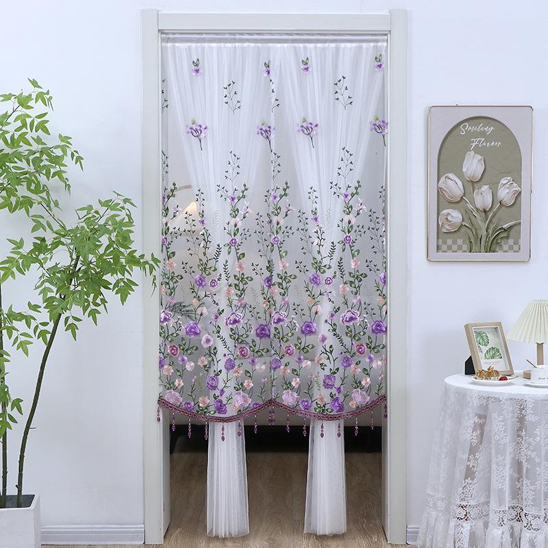 No Drill Sheer Door Curtain, Beaded Embroidery Privacy Curtain, Mosquito Net for Bedroom, Long Partition Curtain for Home Decor