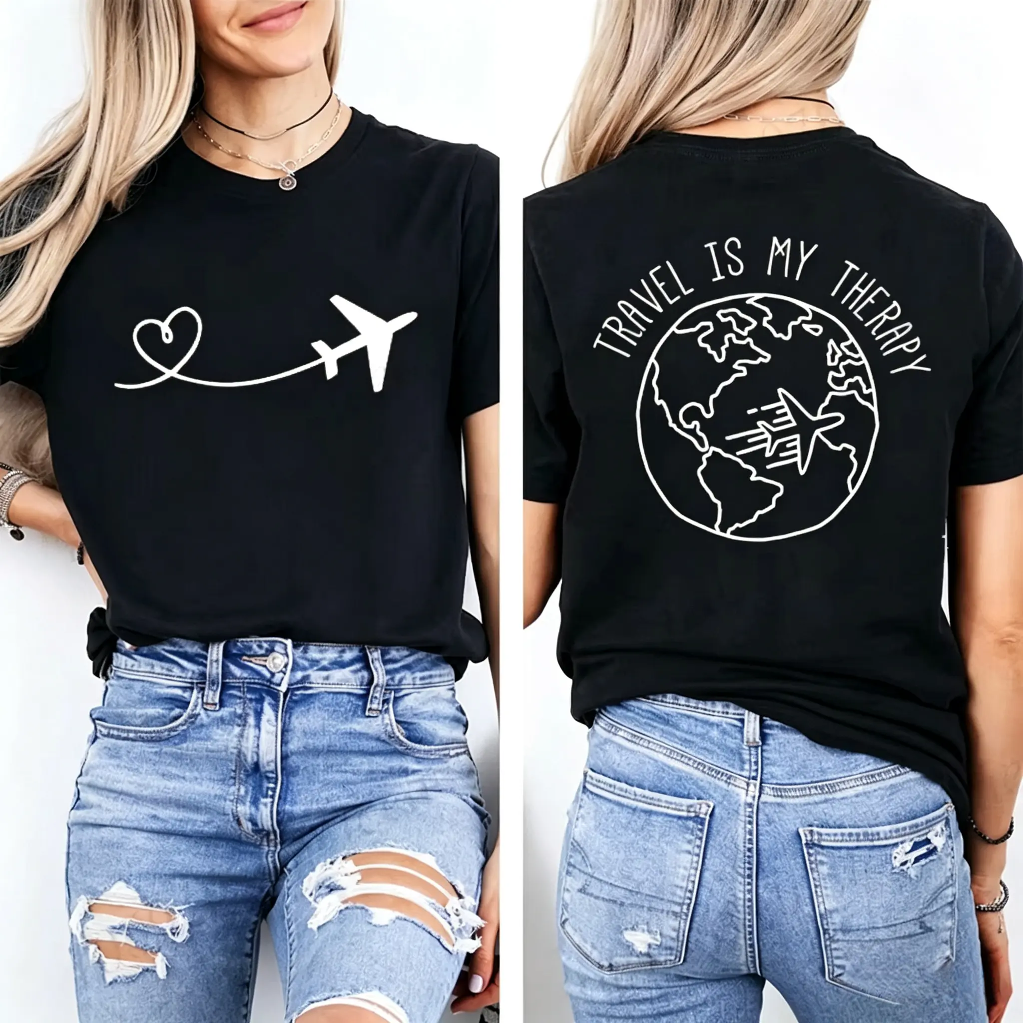 ✈️🌍Double Sided Travel Is My Therapy Airplane World Map Graphic T Shirt Unisex, 100% Pure Cotton Minimal Line Art Short Sleeve Tee, Vacation Wanderlust Casual Daily Shirts
