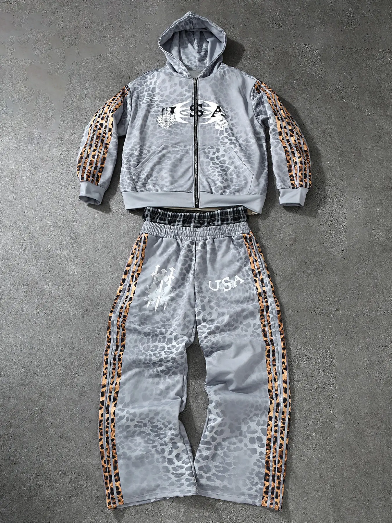 Men's Leopard Print Hoodie Set, Thick Oversized Streetwear, Functional Pockets, Elastic Waist Pants, Modern Abstract Design, Perfect Gift