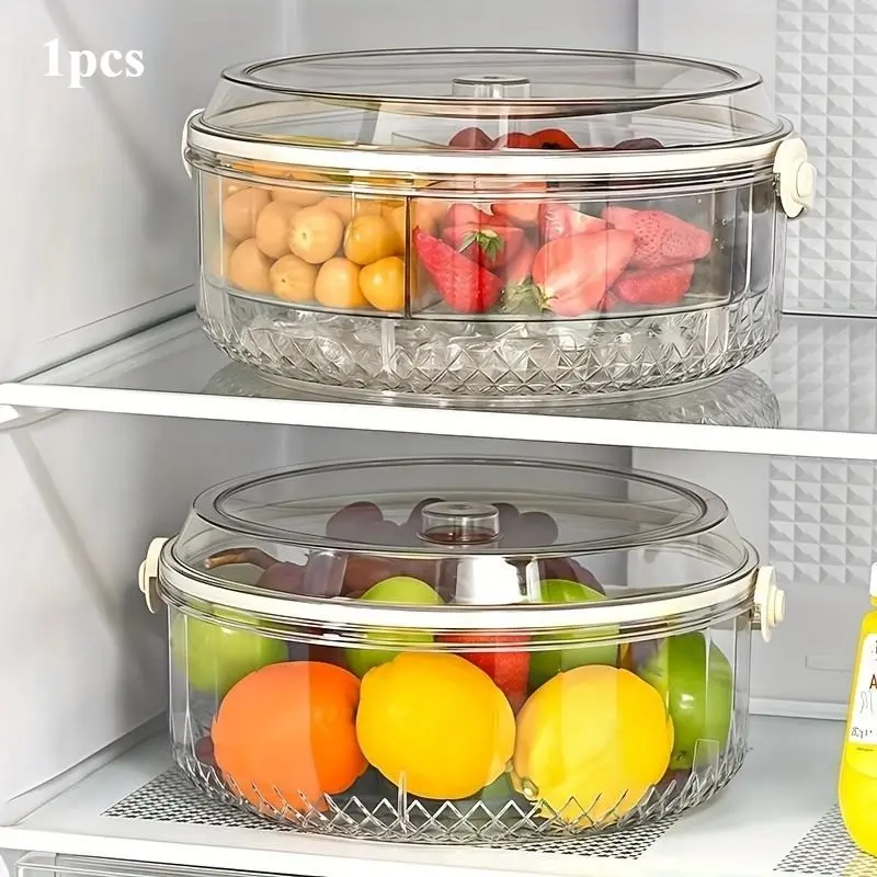 Transparent separate vegetable serving tray with lid and dipping section for parties, outdoor picnics, catering revolving fruit trays, refrigerator chilled tote basket, suitable for snacks, refrigerator storage boxes, Kitchen food storage
