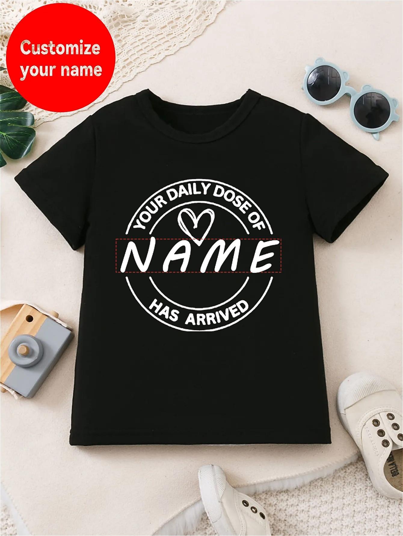 ' Personalized Name Custom T-Shirt - Your Daily Dosage of Love & Heart Print, Light Grey Short Sleeve Round Neck Casual Summer Top, Custom Text Gift, Machine Washable Casual Attire, 's Clothing, Playful Design, Fun Print Tee, Breathable Material, Durable