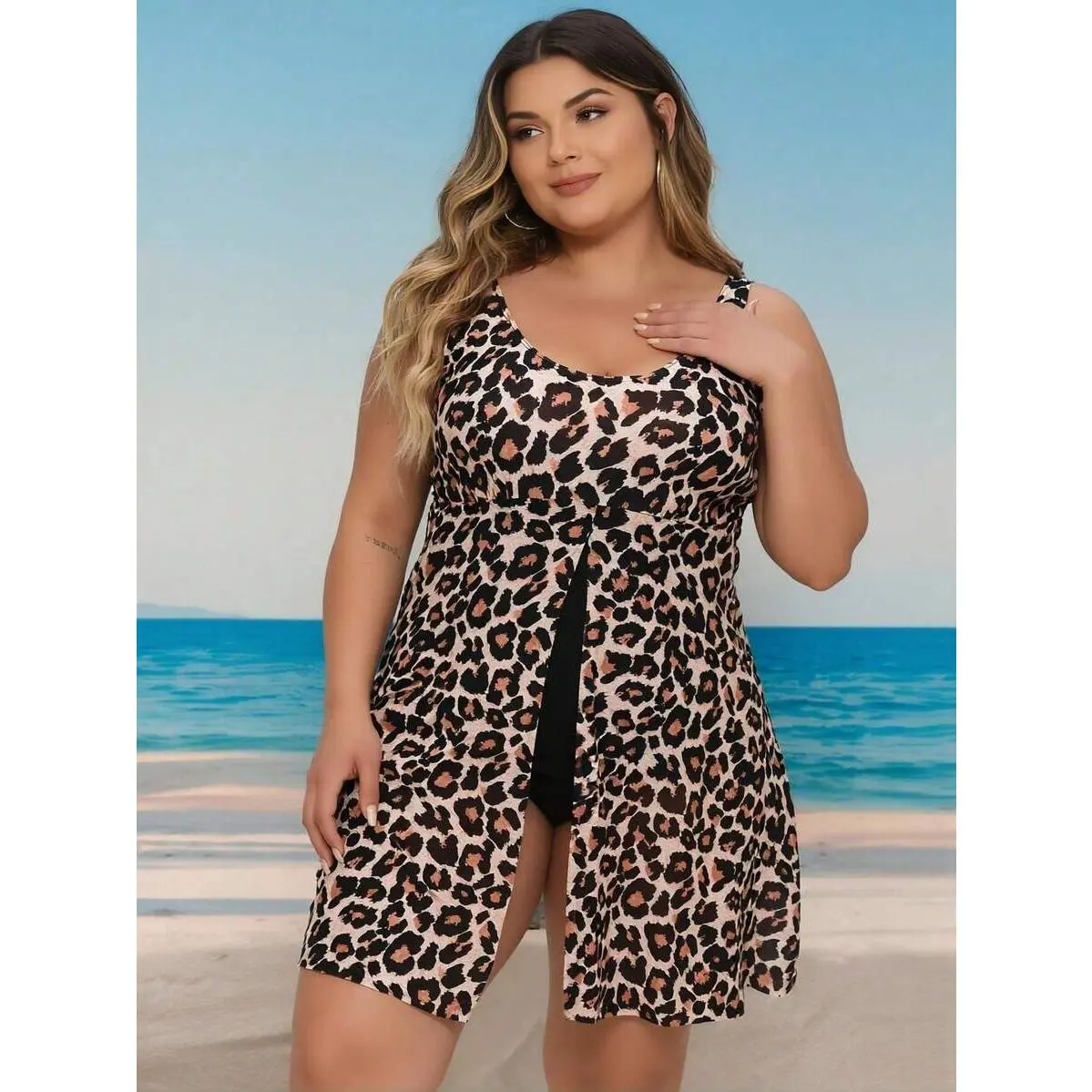 2026 New Plus Size Leopard Print Swimdress Slit Tummy Control Modest Swimwear