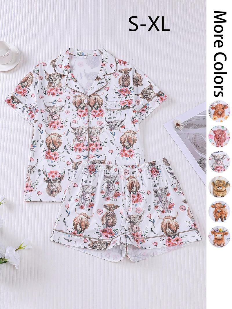 Women's All Over Print Pajama Two-piece Set, Casual Comfy Short Sleeve Top & Elastic Waist Shorts Loungewear Set, Ladies Summer Sleepwear