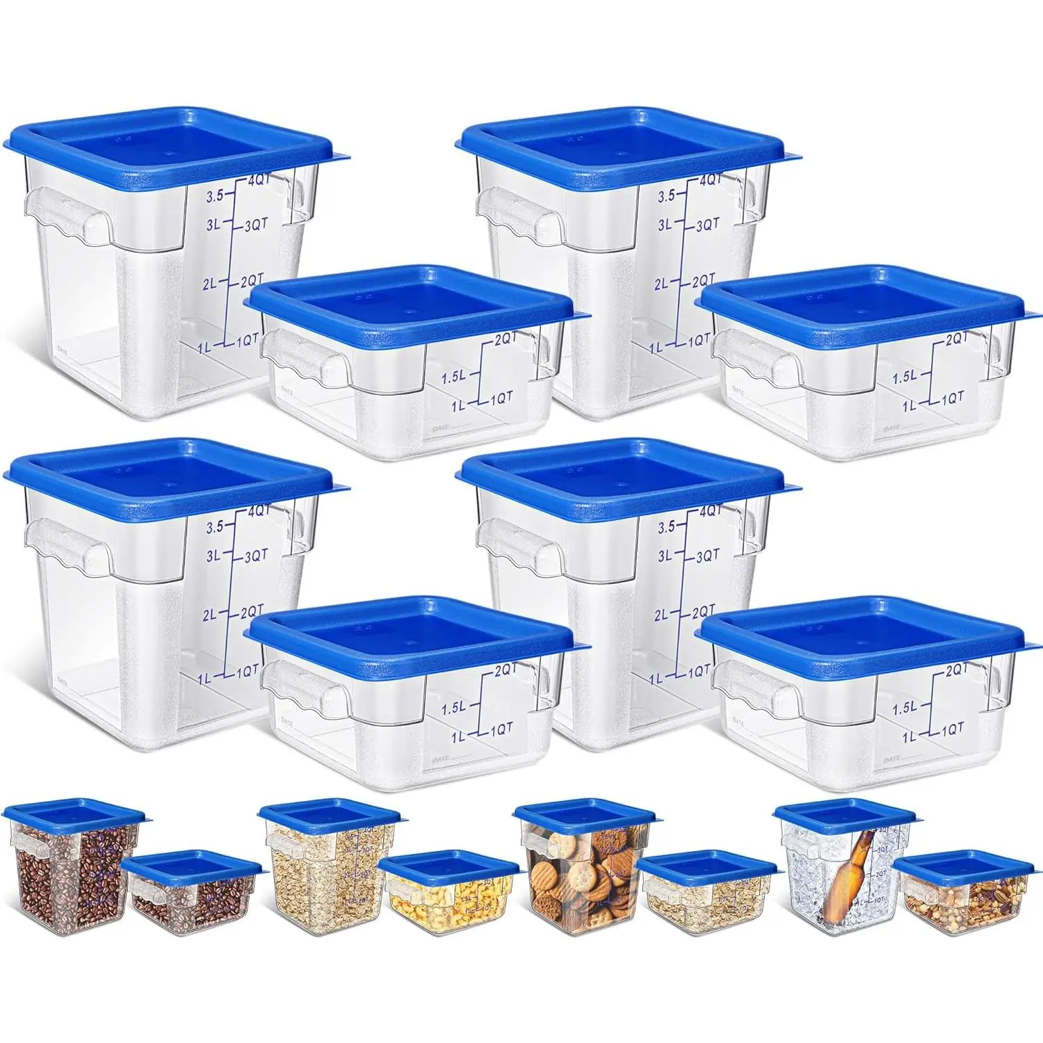 8 count Restaurant  Storage Containers with  Set 2Qt and 4Qt Commercial Restaurant Square Storage Containers Clear  Cereal Container for Kitchen Freezer (Blue )