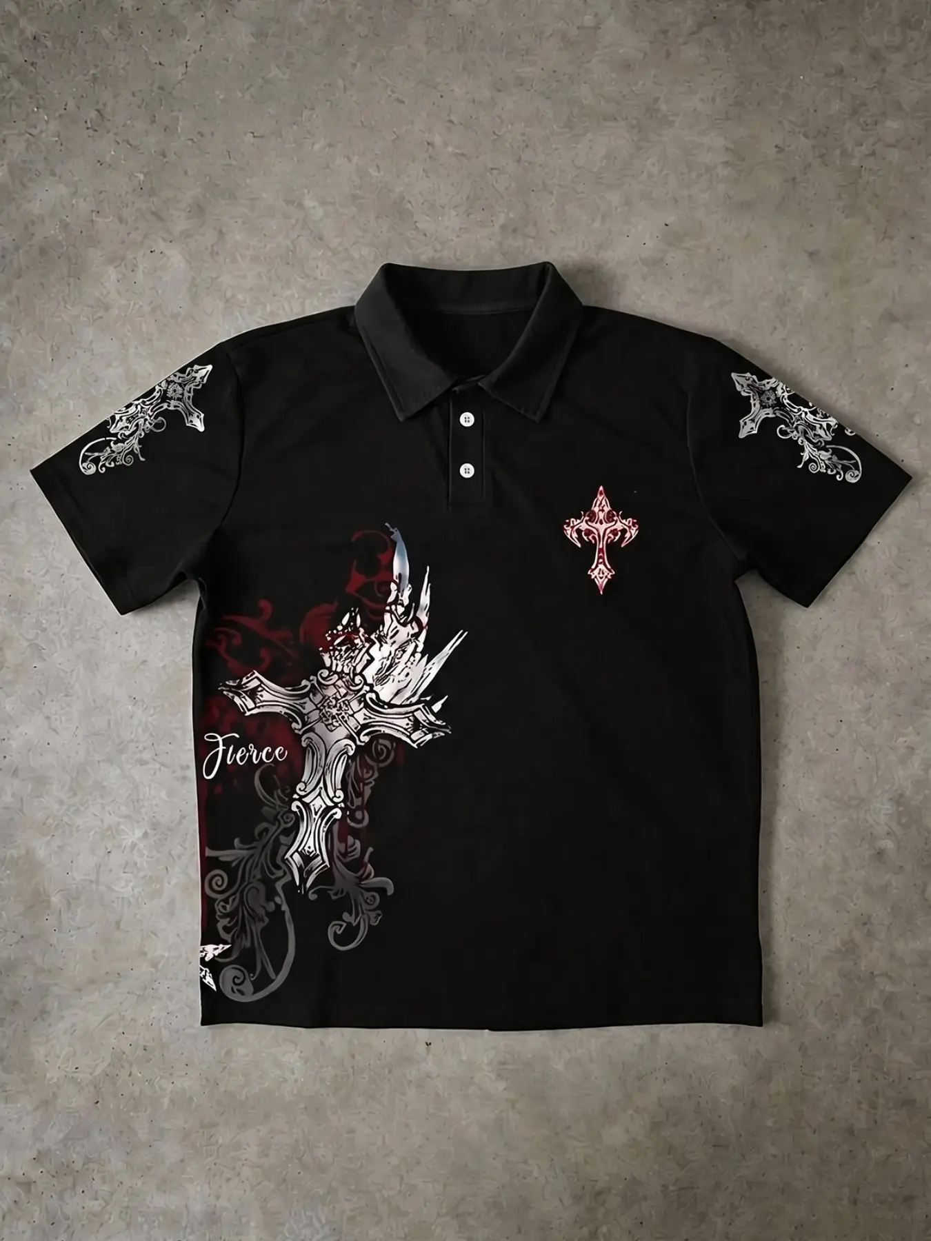 Men Black Gothic Cross Print Short Sleeve Polo Shirt, Y2K Dark Grunge Pattern Lapel Polo Top, Streetwear Hip Hop Casual Collared Tee, Retro Alt Aesthetic Daily Summer Shirts