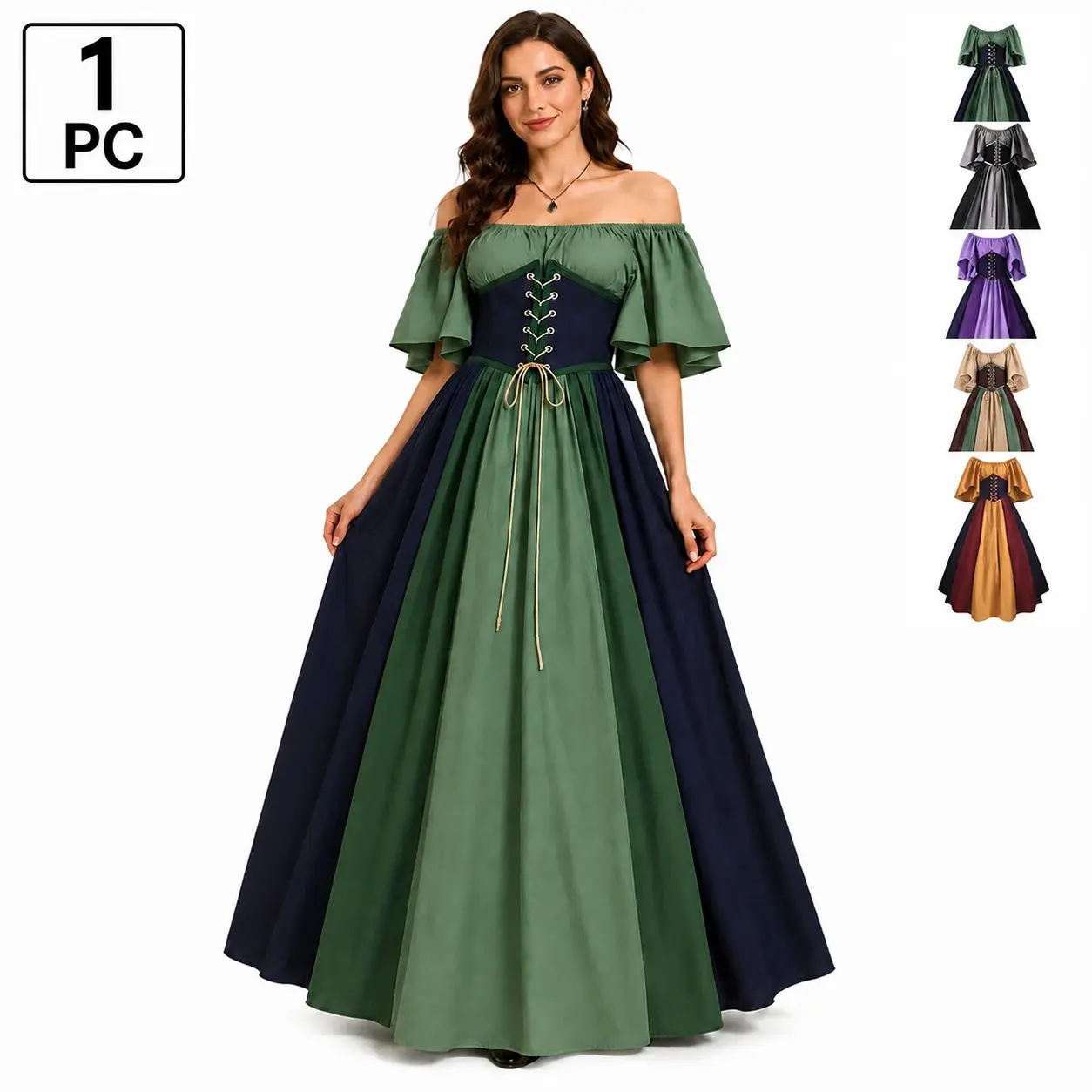 Medieval Renaissance Costume Dress, Womenswear off Shoulder Lace Up Vintage Gown, Short Sleeve Princess Peasant Dress for Halloween, Cosplay, Aesthetic, S-2xl