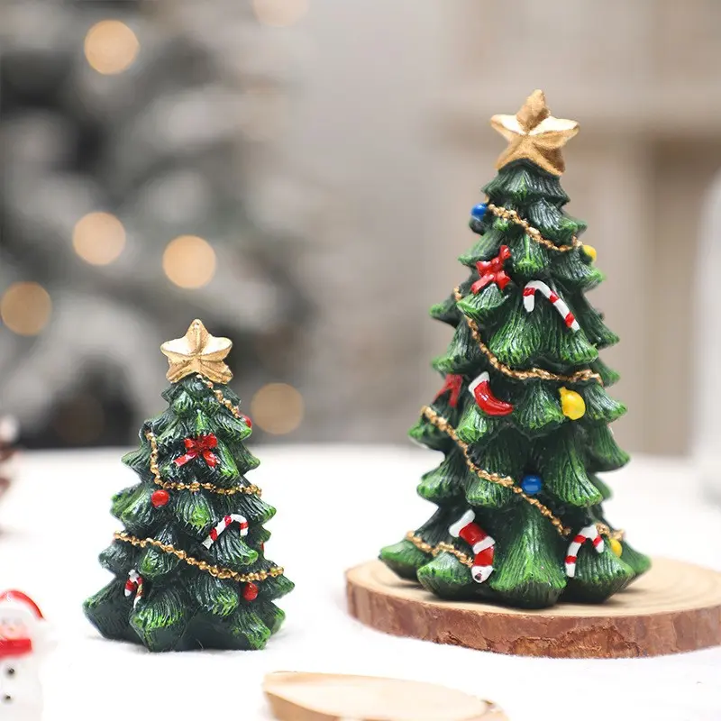 Resin Christmas Tree Statue, Hand-Painted Miniature Landscape Decor, Desktop Holiday House Ornament, Perfect Gift Idea