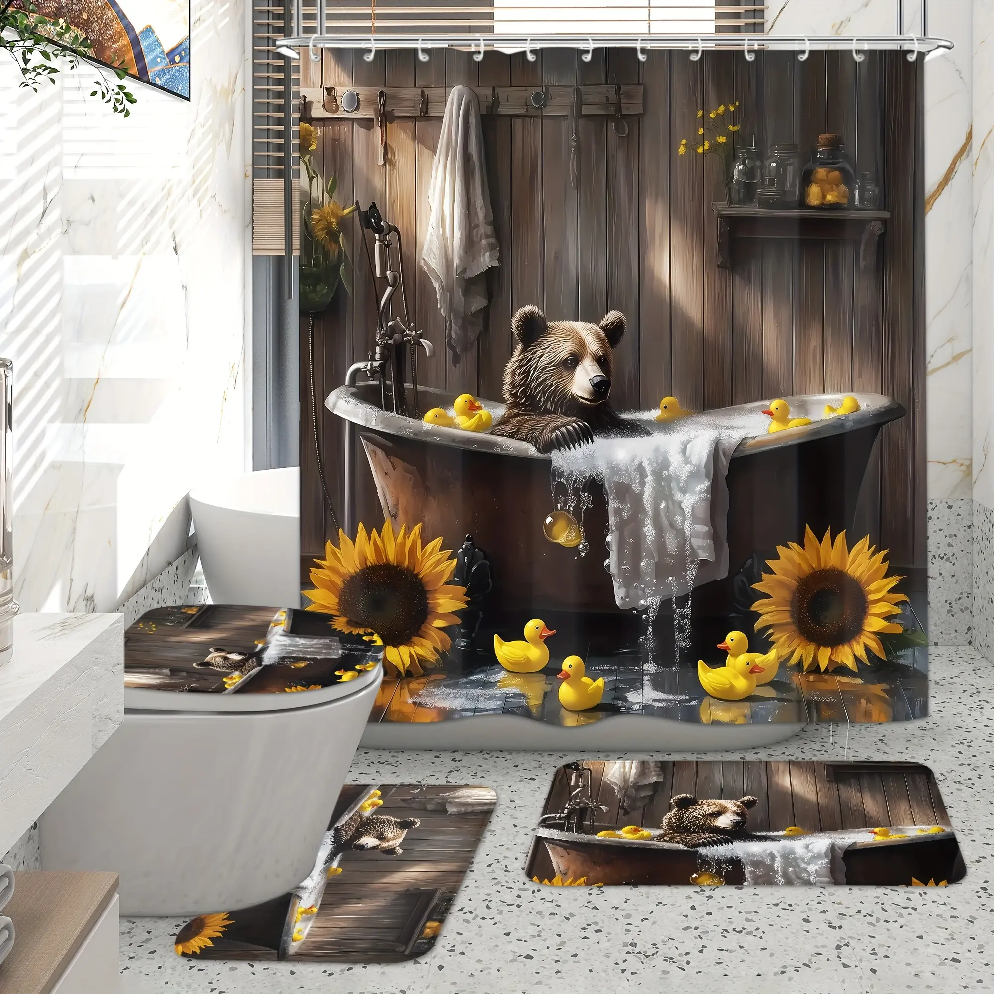 4-Piece fun brown bear shower curtain set, farm-style animal bath pattern, including foam, rustic sunflower and wildlife designs, with 12 hooks, machine washable non-slip floor mat, toilet cover and U-shaped carpet