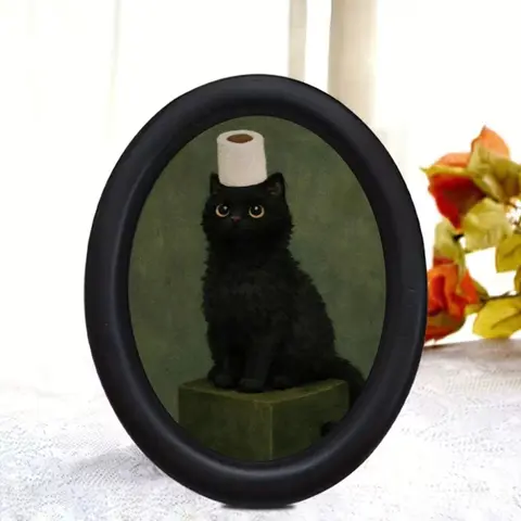 Humorous Cat with Toilet Roll Decoration, Vintage Oil Painting Background, Creative Art for Desk and Bathroom, Unique Wall Art Piece