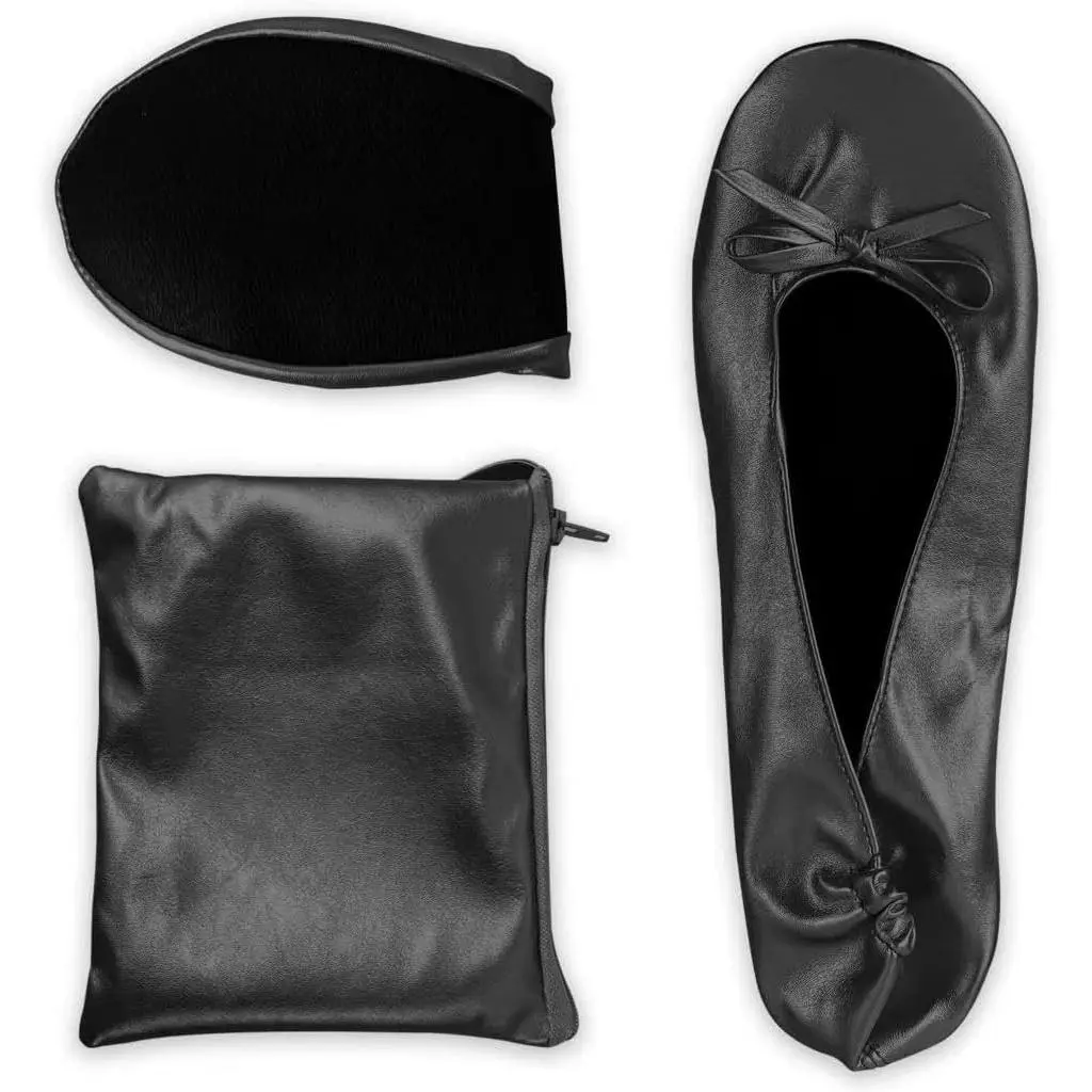 Women's Foldable Leather-Like Ballet Flats - Multi-Size Portable Roll-Up Travel Shoes for Wedding Bridesmaids with Carry Bag, Foldable Flats, Portable Shoes