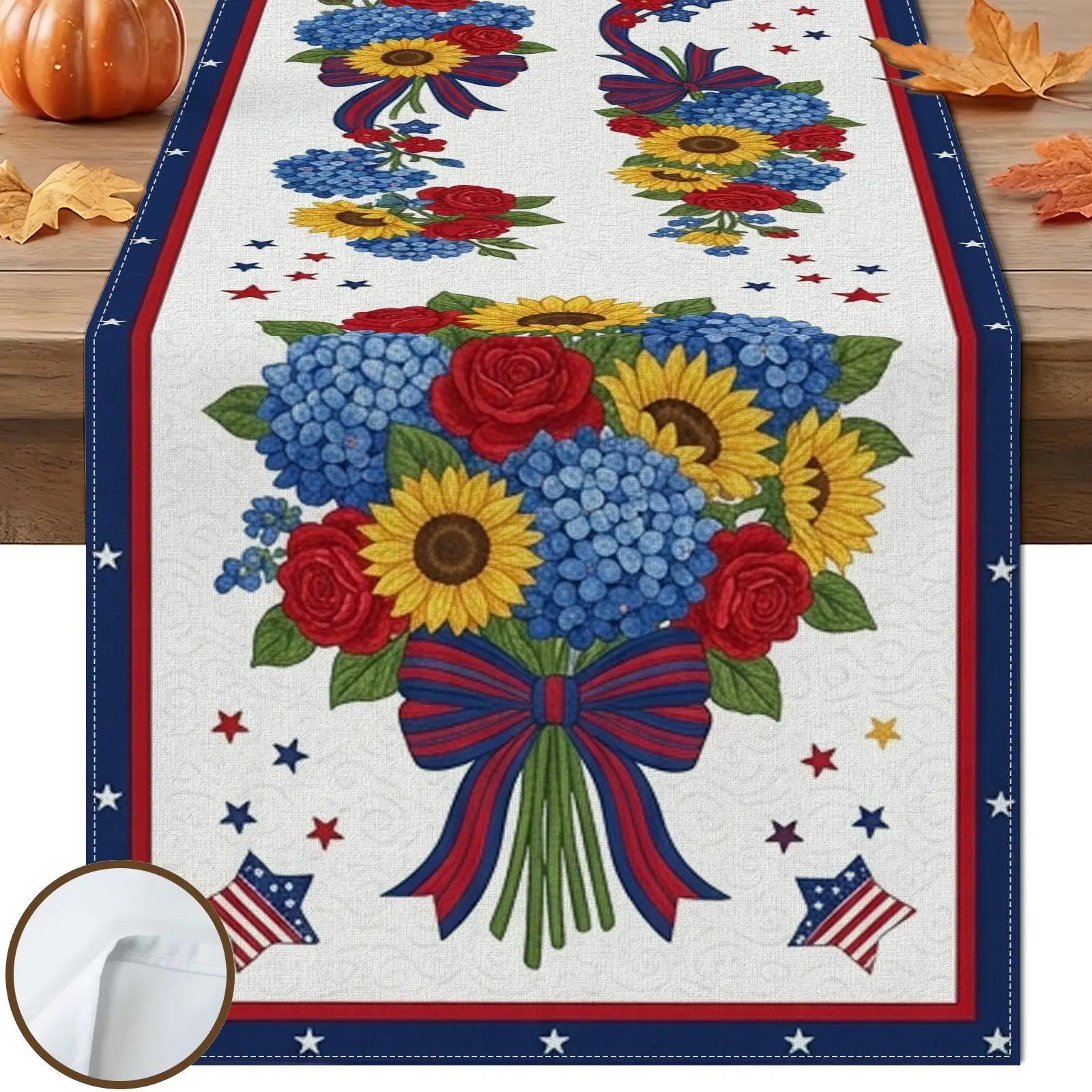1pc Sunflower Blue Hydrangea Red Ribbon Table Runner, Rustic Americana Style, Colorful Floral Border and Stars Pattern, for Dining Table Kitchen Decor Home Decor Labor Day Decor
