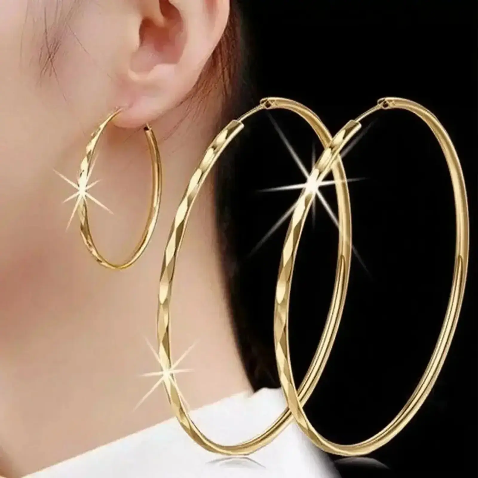 Vintage 18K Gold Diamond Cut Large Hoop Earrings For Women, Chunky Textured Big Circle Snap Huggie Hoops, Minimalist Trendy Daily Party Ear Jewelry Accessories