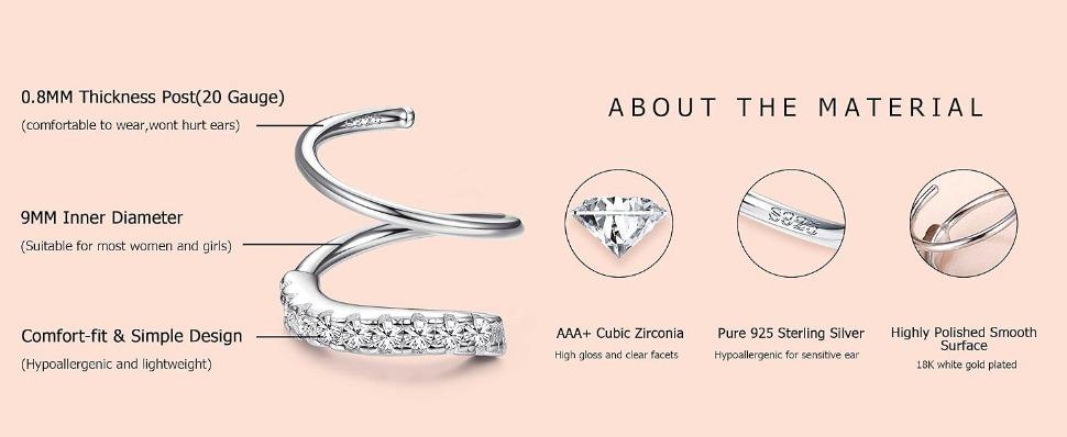 FUNRUN 2Pairs 925 Sterling Silver Twist Wrap Spiral Earrings for Women Double Hoop Climber Cuff Earrings Hypoallergenic CZ Cartilage Piercing Earrings