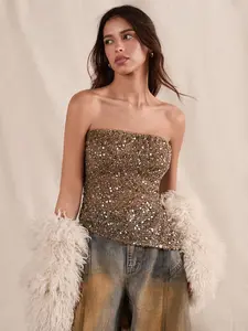 Sexy Slim Fit Backless Irregular European and American Style Elegant Fitted Sleeveless Sequin Sleeveless Strapless Womenswear Tube Top for Women