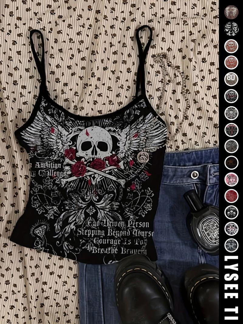 26 Valentine's Day Music Festival Rock Vintage American Skull Eagle Print Crop Top, Trendy Summer Vest for Women, Casual Slim-Fitting Fashion