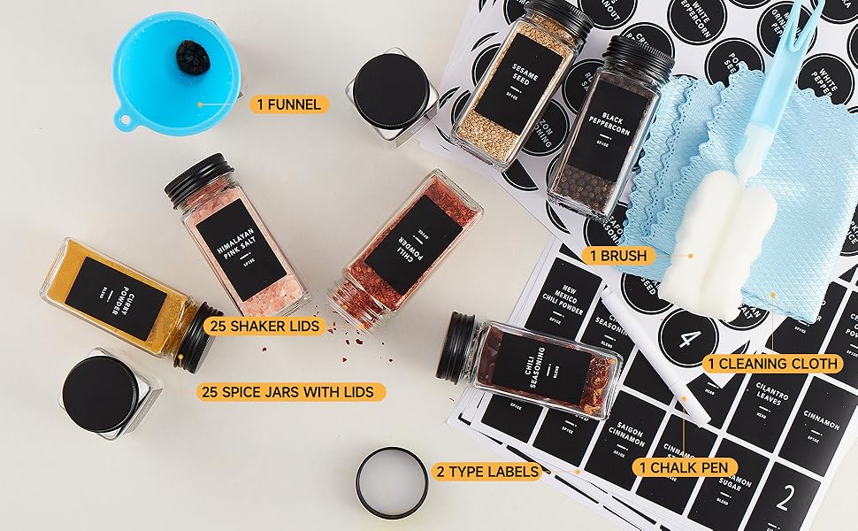 25 Pcs Spice with Label- Glass Spice with Black Metal Caps,Shaker Lids, Funnel, Chalk Pen, Brush,Cleaning Cloth 4oz Seasoning Containers Bottles for Spice Rack, Cabinet, Drawer