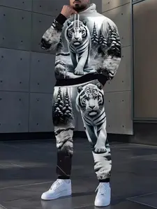 Men's Hoodie Set with Snowy Jungle Tiger Print, Loose-Fitting Casual Streetwear, Long Sleeve Ankle-Length Pants, All Seasons
