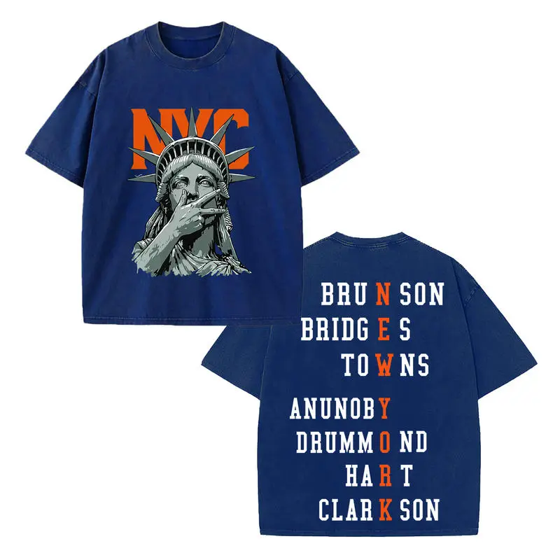 Retro Acid Washed Short Sleeve T-Shirt, Front Gray Statue Of Liberty Illustration With Two Finger Hand Pose Over Bold Orange "NYC" Color Lettering, Back Vertical White & Orange Contrast Knicks Player Last Name List Double Sided Print Oversized Heavyweight