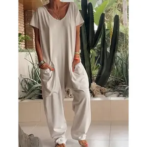 V Neck Short Sleeve Drop Crotch Jumpsuit, Big Side Pockets, Soft Stretch Knit Fabric, Loose Harem Overall, Casual Daily & Vacation Wear Loungewear