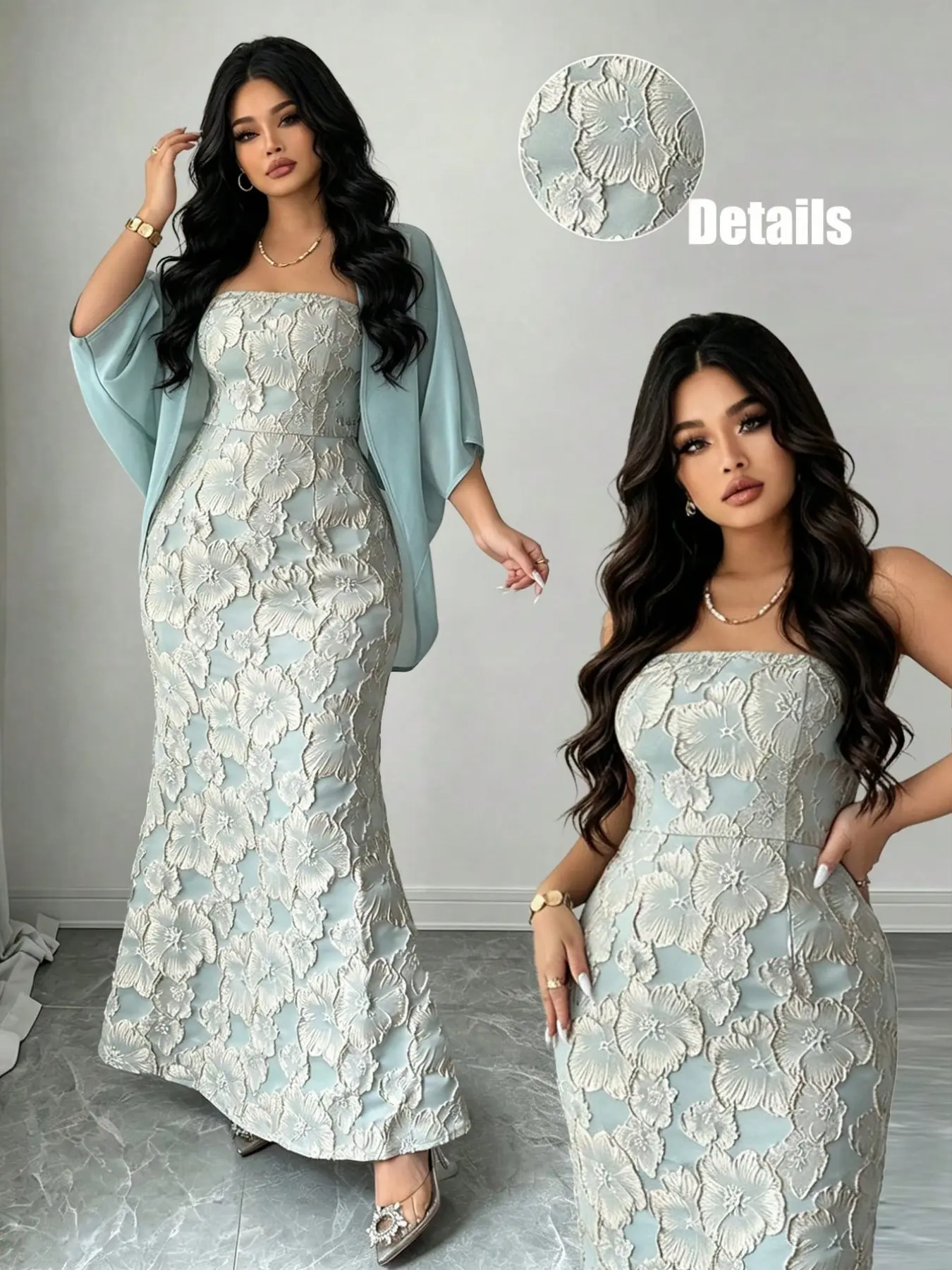 Plus Size Women's Fit Dress Set, Light Blue Floral Sleeveless Bustier Fish Tail Gown, Elegant Evening Cardigan Two-Piece Long Dress, Strapless Flowy Cardigan