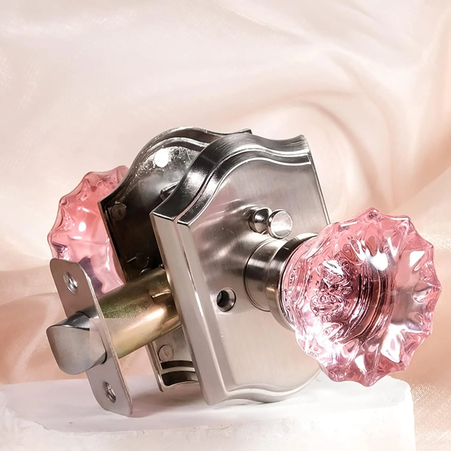 Crystal Pink Glass Door Knobs with Privacy Lock, Rose Shape, Vintage Antique for Bedroom Bathroom, Satin Nickel FinishGift