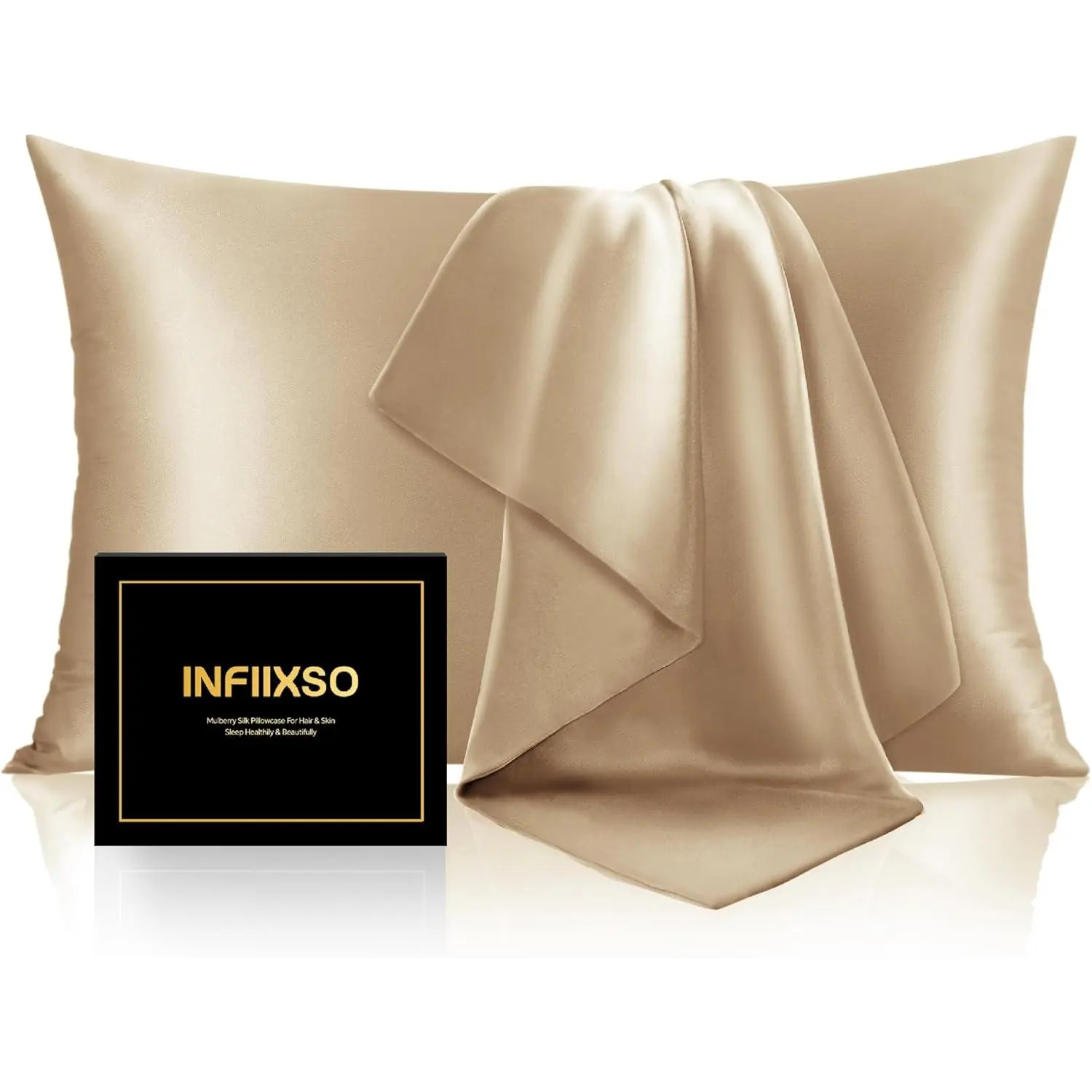 Mulberry Silk Pillowcase for Hair and Skin, 20x26 In Standard Size with Hidden Zipper, Cooling Bedding for Hot Sleepers, Soft Machine-Washable Pillowcase (Champagne, 1 Pack), Machine Wash