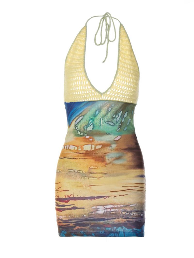 Women's Crochet Patchwork Backless Halter Neck Bodycon Dress, Casual Sleeveless Tie Back Hollow Out Dress for Summer, Fashion Women's Dress for Beach Holiday