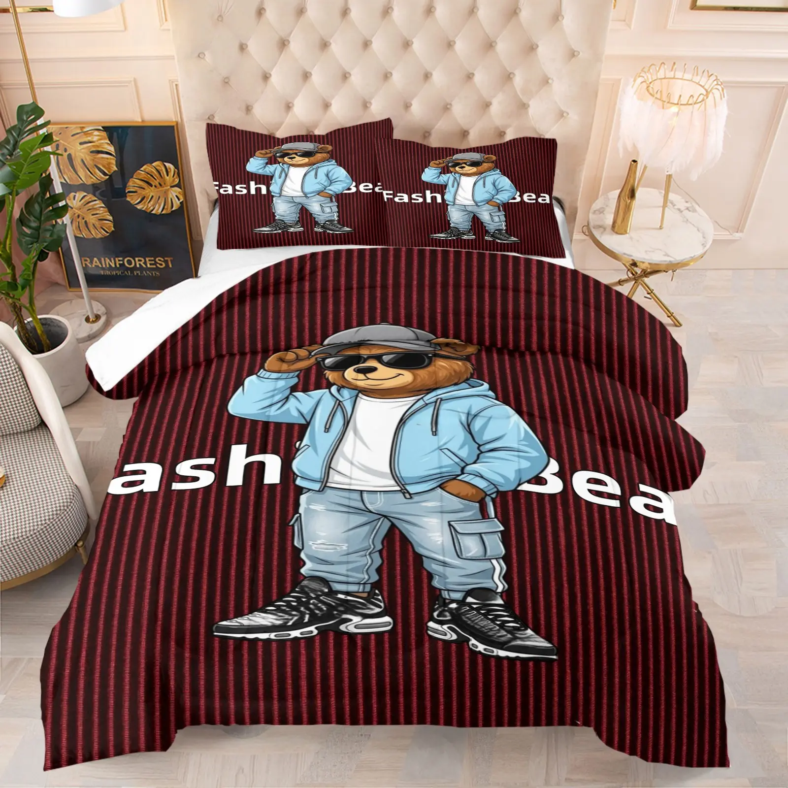 Fashionable Bear Print Set, Includes 1 Bedding and 1 or 2 Pillowcases Without Pillow Inserts, Soft Bedroom Decorations for Kids and Adults