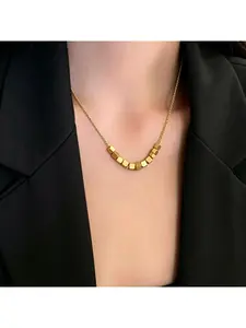 Full Titanium Steel Mini Square Necklace, Minimalist Versatile Fortune Square Pendant Clavicle Chain
