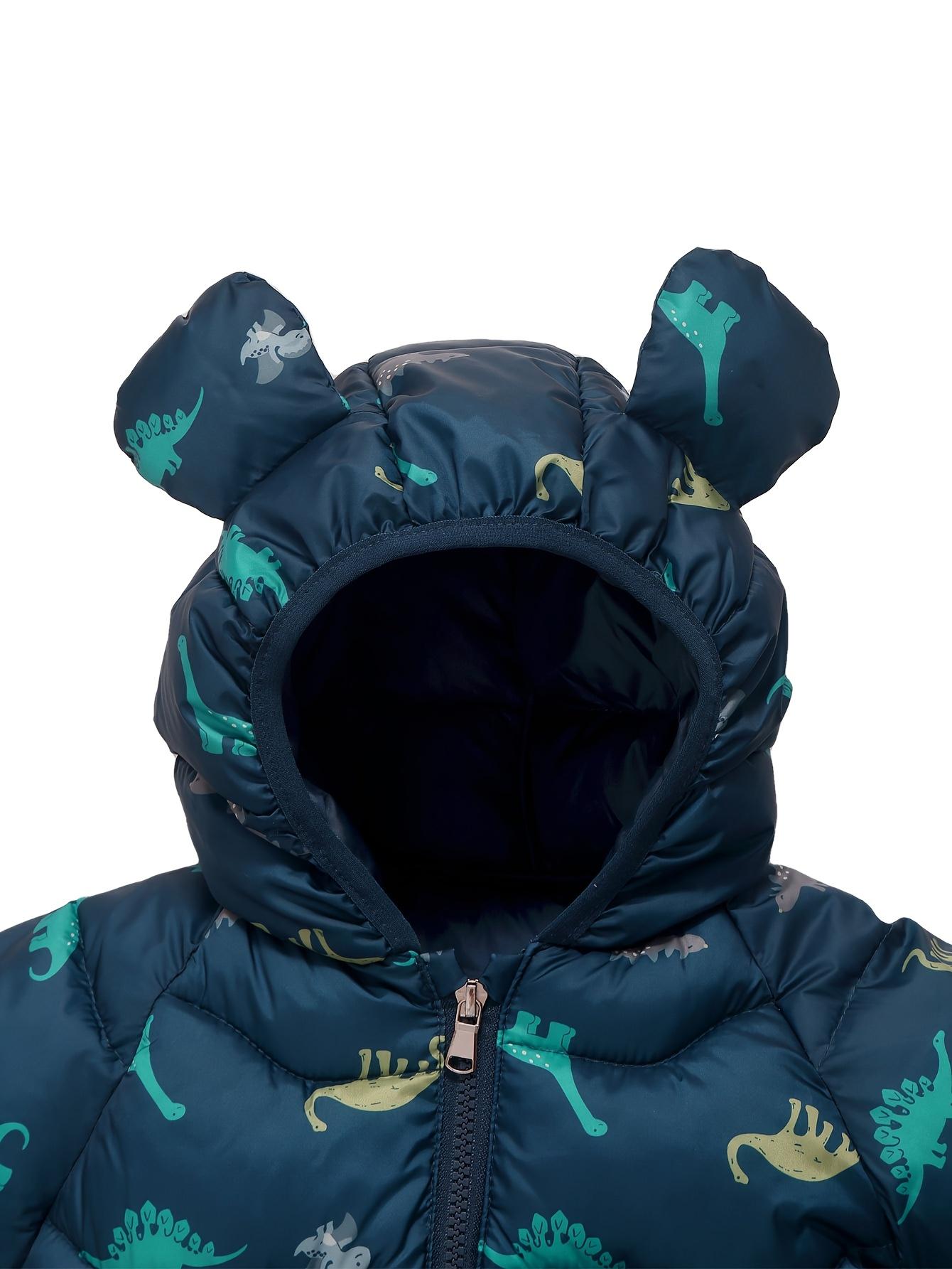 Boys' Dinosaur Hooded Winter Coat - Warm Insulated Jacket with Zipper Closure, Dark Blue Cartoon Dinosaur Print, Soft Polyester for Toddlers & Infants, Autumn & Winter Outerwear, Kids Zippered Sweatshirt, Playful Kids Fashion, Durable Kids Wear, Cold Weat