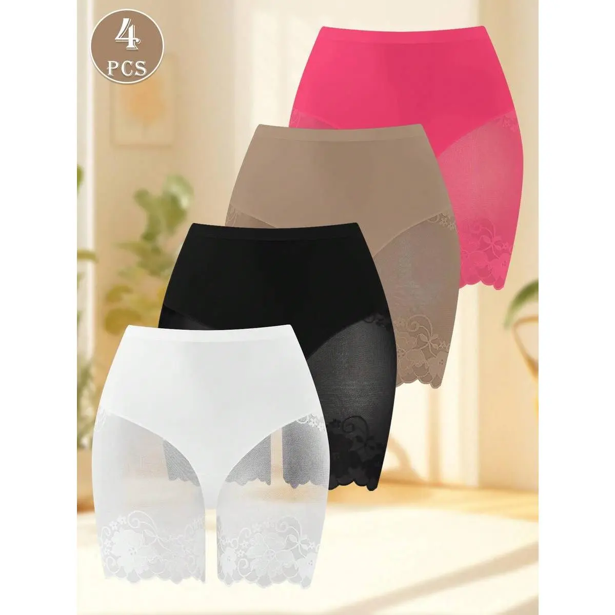 4-Piece Seamless Lace Shorts for Women, Plant Print High-Waist Tummy Control Anti-Chafing Underwear for Daily Wear, Fabric, Polyester, Hand Wash, Holiday, Short Length, Abdominal Compression Leg Shaping Shorts
