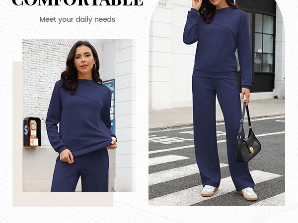 Casly Lamiit Women's 2 Piece Lounge Set Soft Breathable Material Trendy Boat Neck Sweatshirt & Wide Leg Pants Casual Outfits Travel Tracksuit Sets Athletic Fashion Activewear Modern Sportswear