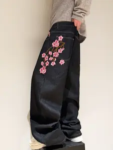 Men's Embroidered Loose Wide-Leg Jeans, American Street Y2K Style, Casual Daily Wear, Multiple Sizes Available, No Belt Included