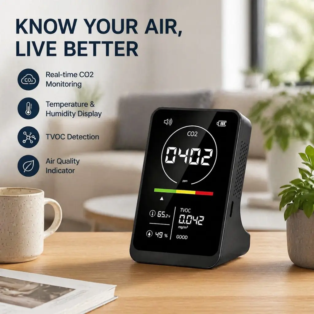 iezcetom Four-In-One Air Quality Tester, Co2 Tvoc Monitor, Humidity Sensor, Indoor Air Detector, Home Room Shop Use, Zn-Mt16 Model