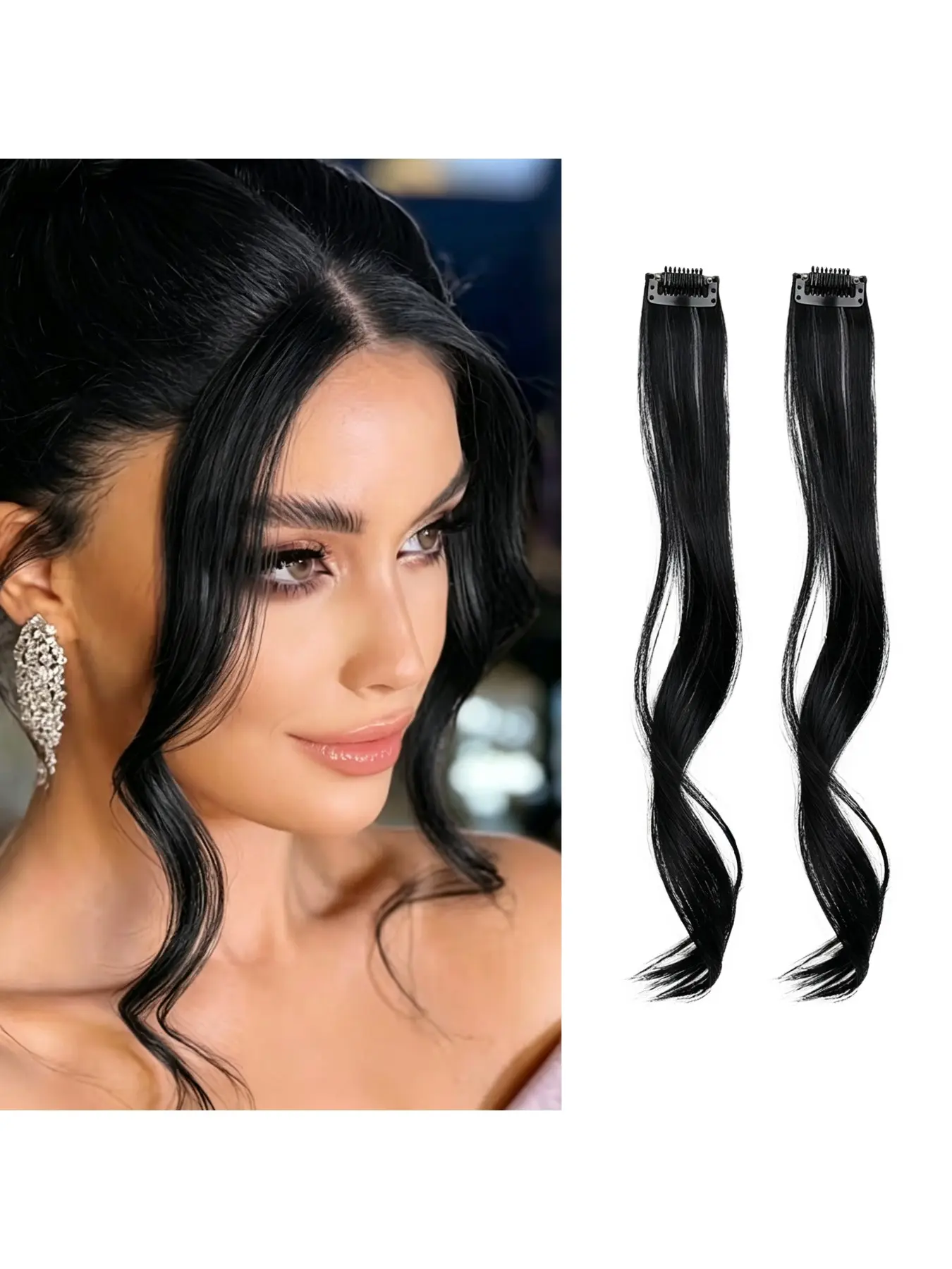 Long Side Air Bangs, , 2 PCS | False Fringe, Wavy Curly, Clip in Thin Air Hair, Synthetic Dragon Beard Extensions, Suitable for women's daily wear and wedding use