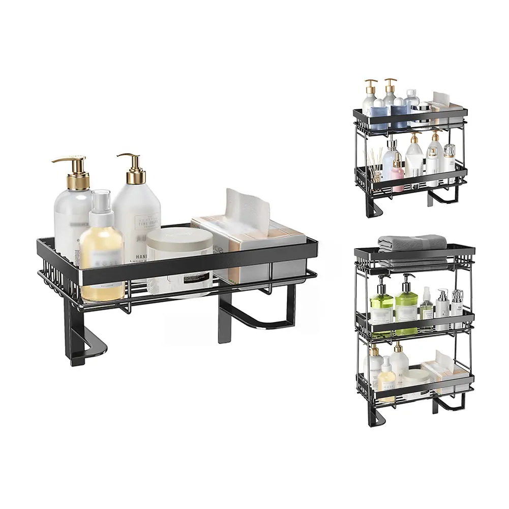 Space-Saving Over the Toilet Storage Shelf, Bathroom Organizer Rack for Small Bathrooms, No-Drill Installation, Modern Black Bathroom Accessory, Single/Double Layer