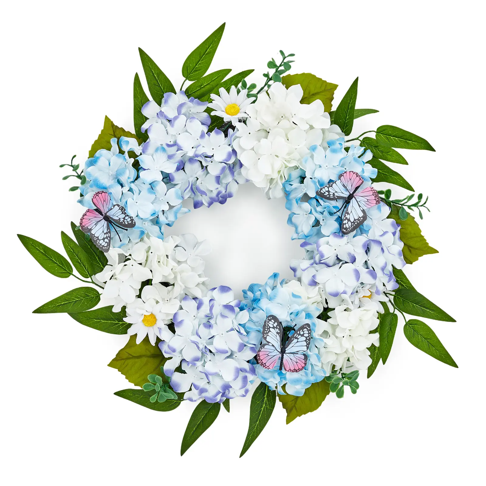 20 Inch Artificial Hydrangea Spring Wreath for Front Door – Blue and White Floral Wreath with Butterfly and Daisies