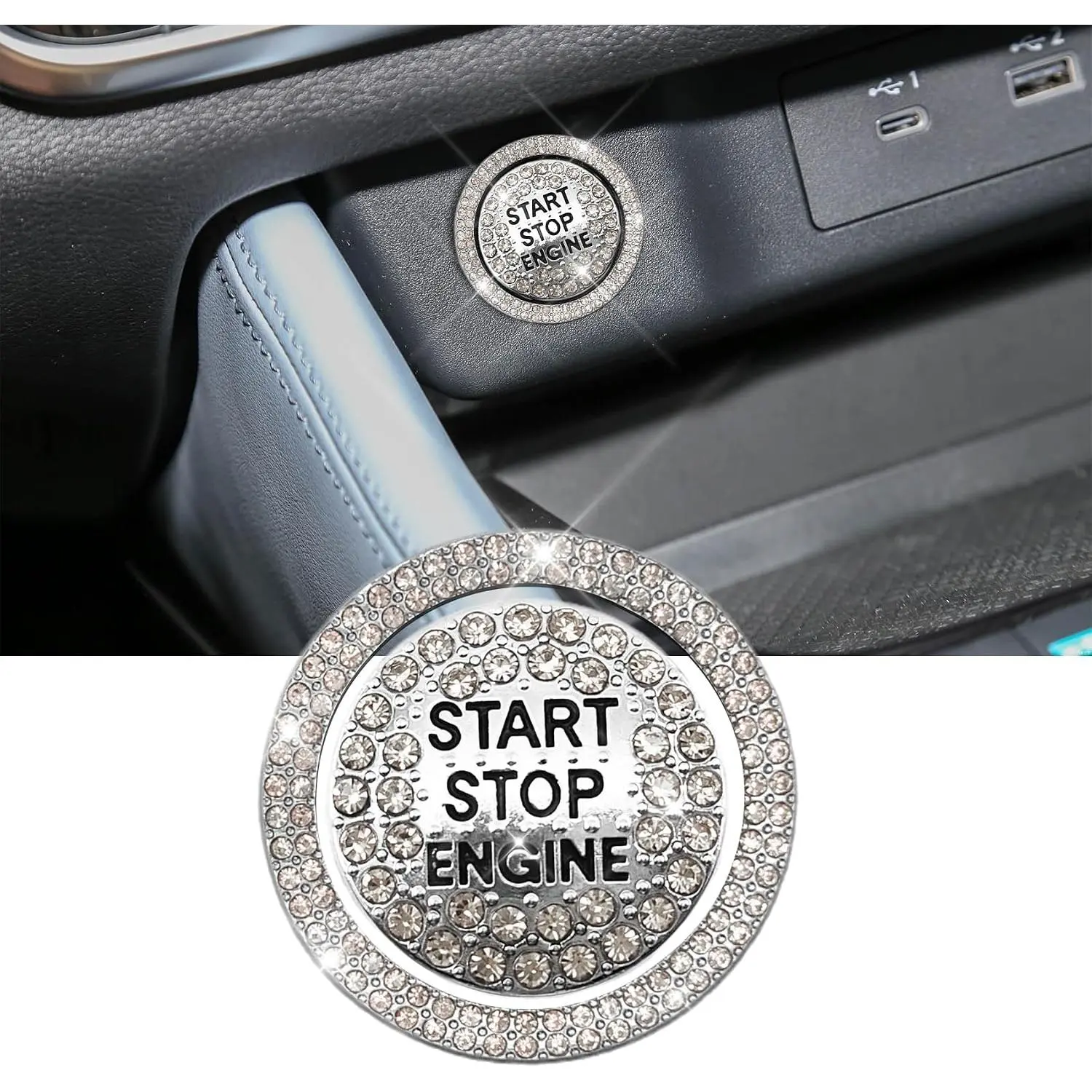 Bling   Engine Start Ring Sticker, Push Start Button Cover, Sparkling  Rhinestone Engine Start Rings, Anti-Scratch Key  & Knob Bling Ring for Women (White)