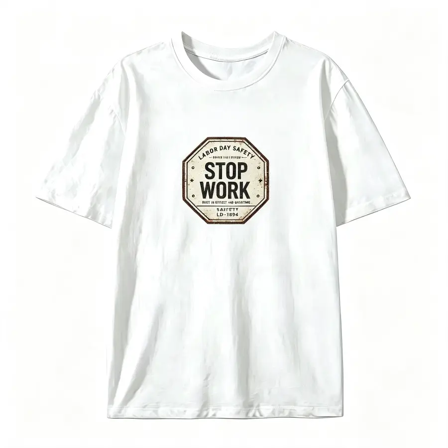 Labor Day Safety Graphic Tee – Vintage "Stop Work" Warning Sign Design, Humorous Workwear Cotton Shirt, Perfect Gift for Employees, Best Union or Holiday Shirt