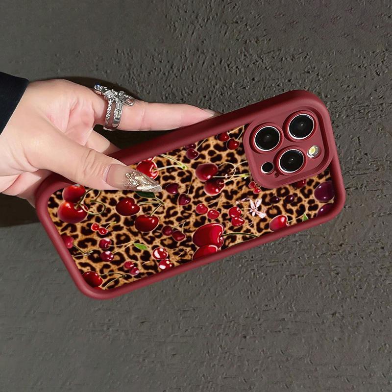 High Bamboo Wine Red Leopard and Cherry Pattern Sweet and Spicy Shockproof TPU Case for iPhone 17 Pro Max 16 16e 15 14 Plus 13 12 Mini 11 Air X XS Straight Edge Drop-Resistant Rugged Durable Cover Shell Gift 2D printing