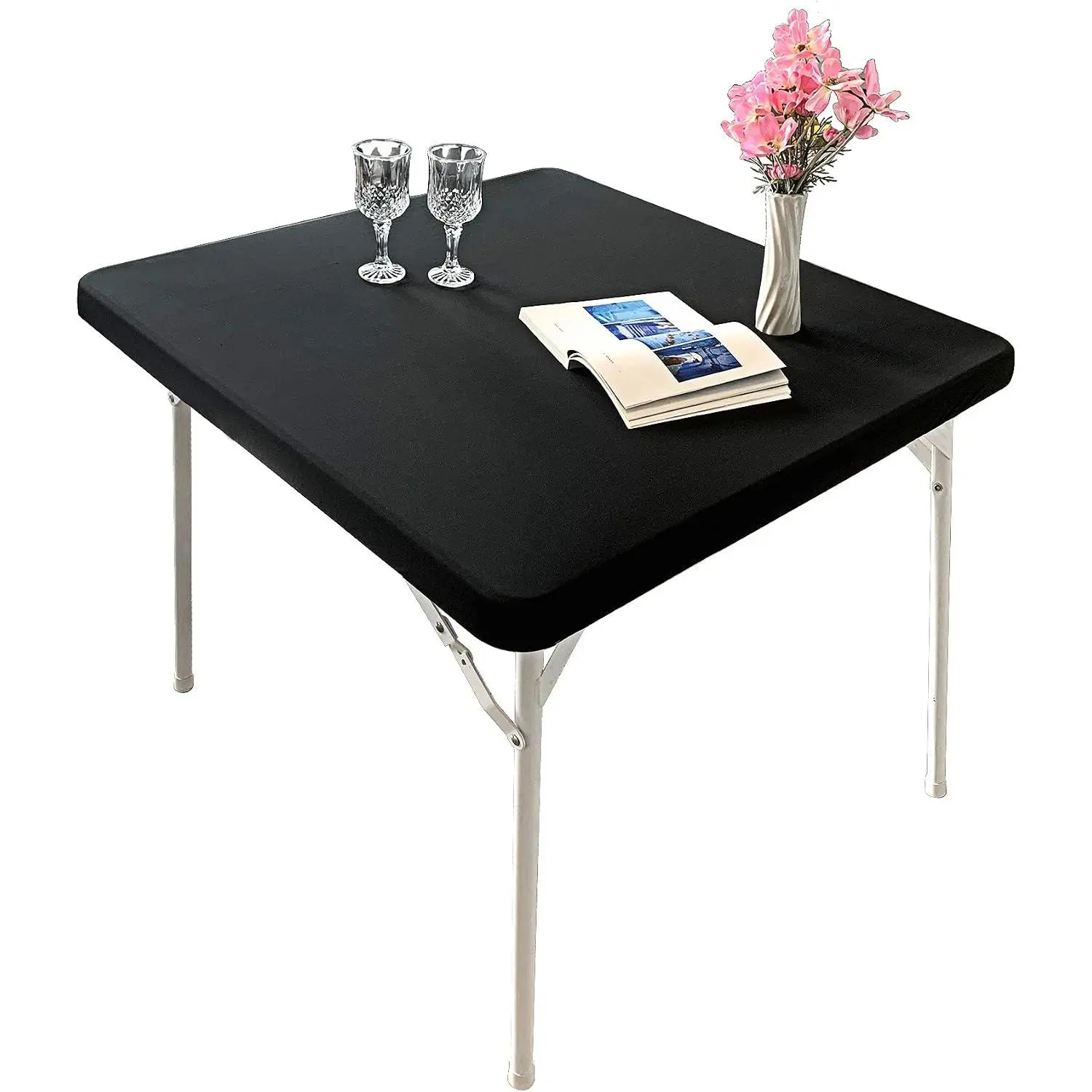 Cocktail Fitted Spandex Stretch Square Table Covers Caps Elastic Square Tablecloth Black Table Topper 42x42 Inch