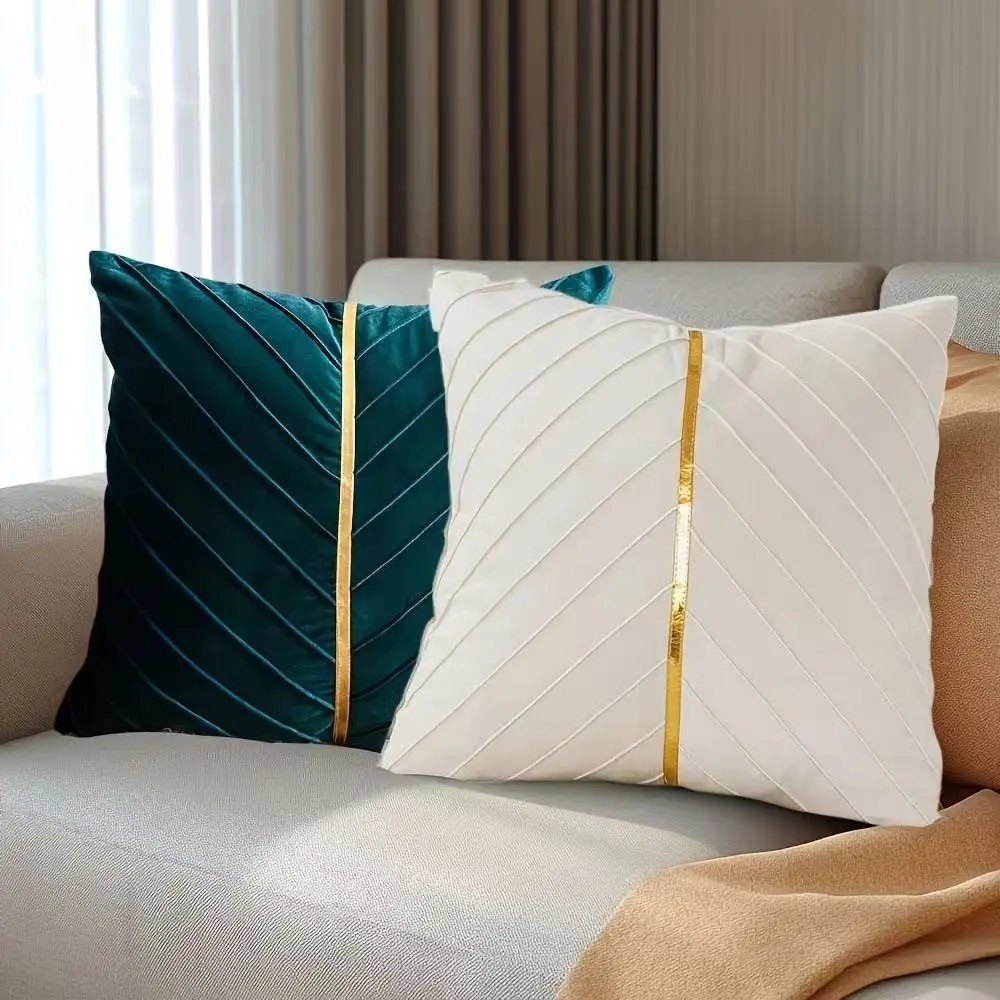 Luxury Gold Thread Pleated Pillow Covers, Modern Velvet Pillow Cases, 2pcs Set, Suitable for Living Room Sofa Bedroom Decor, Gold Thread Detail, Pleated Design