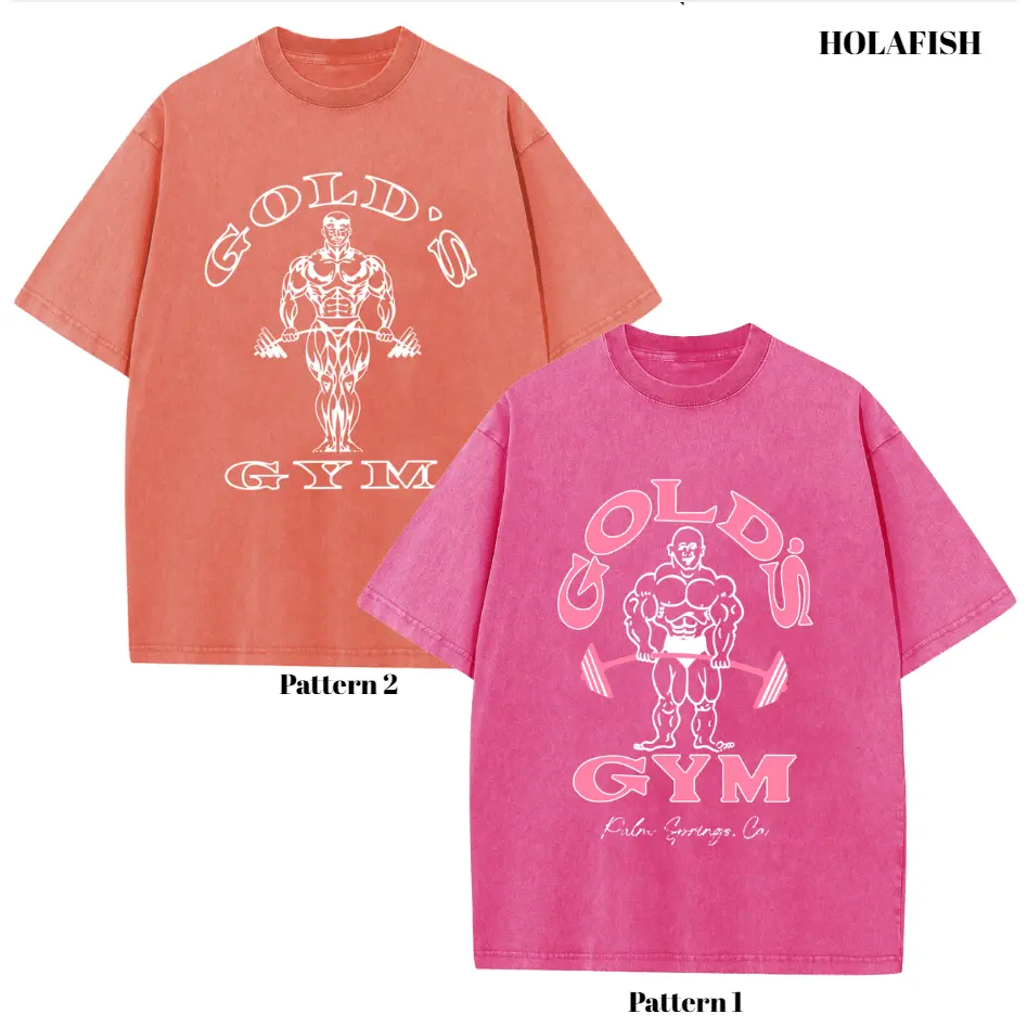 Holafish Oversize Acid Wash Vintage GOLD‘S GYM T-Shirt, Heavyweight Cotton Streetwear graphic vintage tees Menswear Crewneck Tshirt unisex funny cat worm women Round Neck Casual