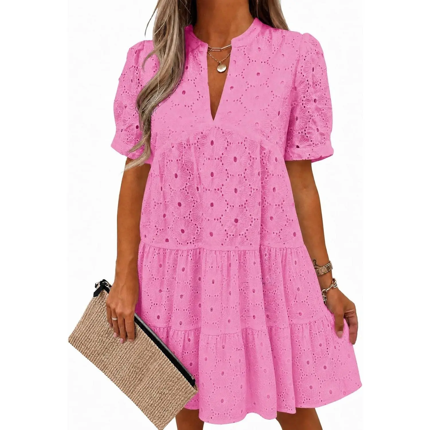 Wenrine Women's Summer Lace Dresses Eyelet Casual Flowy Babydoll Swing Short Sleeve V Neck Tunic Dress