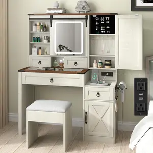 42 Inch Farmhouse Full Size Glass Topped Makeup Vanity Desk with Sliding Illuminated Mirror LED Lights Built In Charging Station 4 Drawers 2 Cabinets Matching Upholstered Stool Freestanding Vanity Set for Bedroom top sturdy